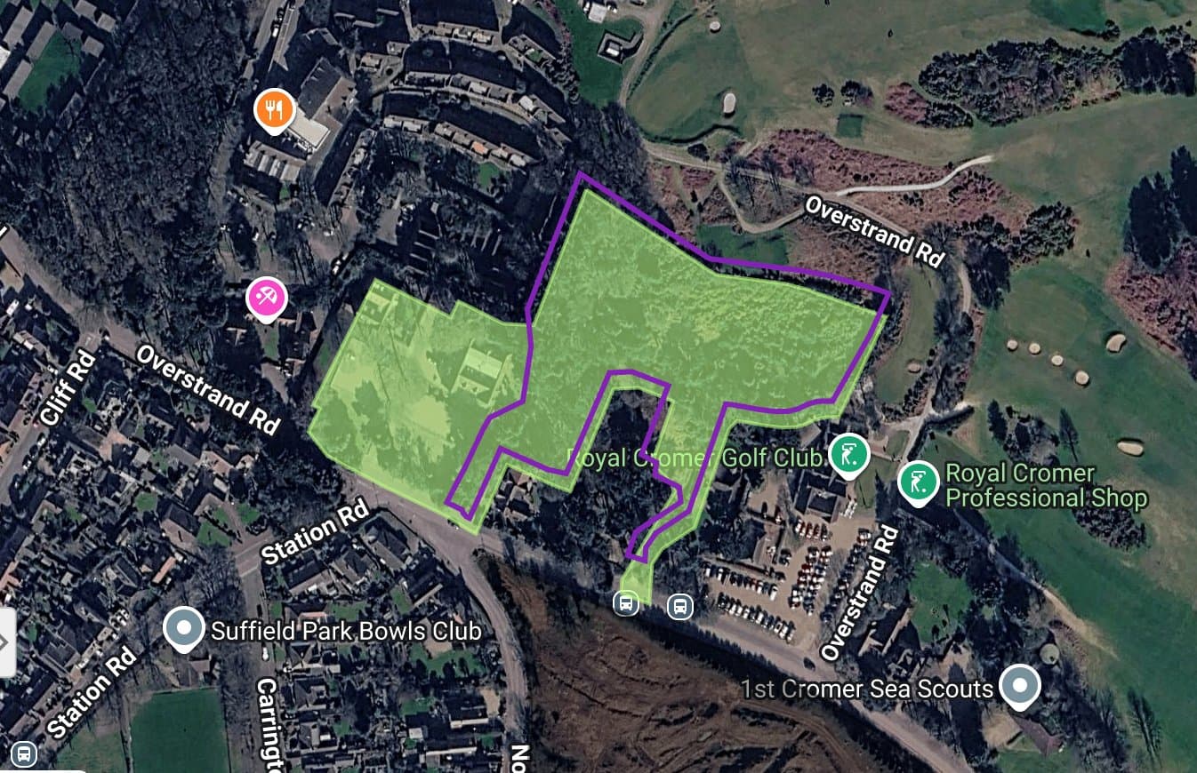 Aerial view of the Cromer site off Overstrand Road with the boundary marked